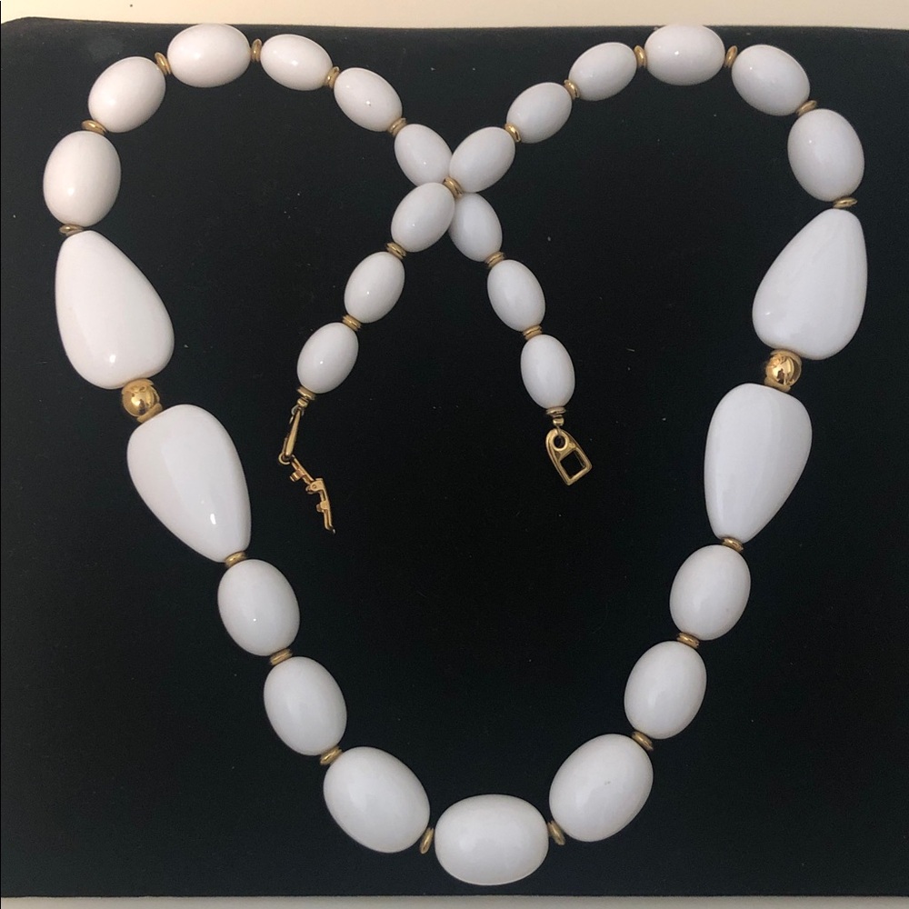 VINTAGE Napier White Lucite & Gold Tone Beaded Necklace - Signed